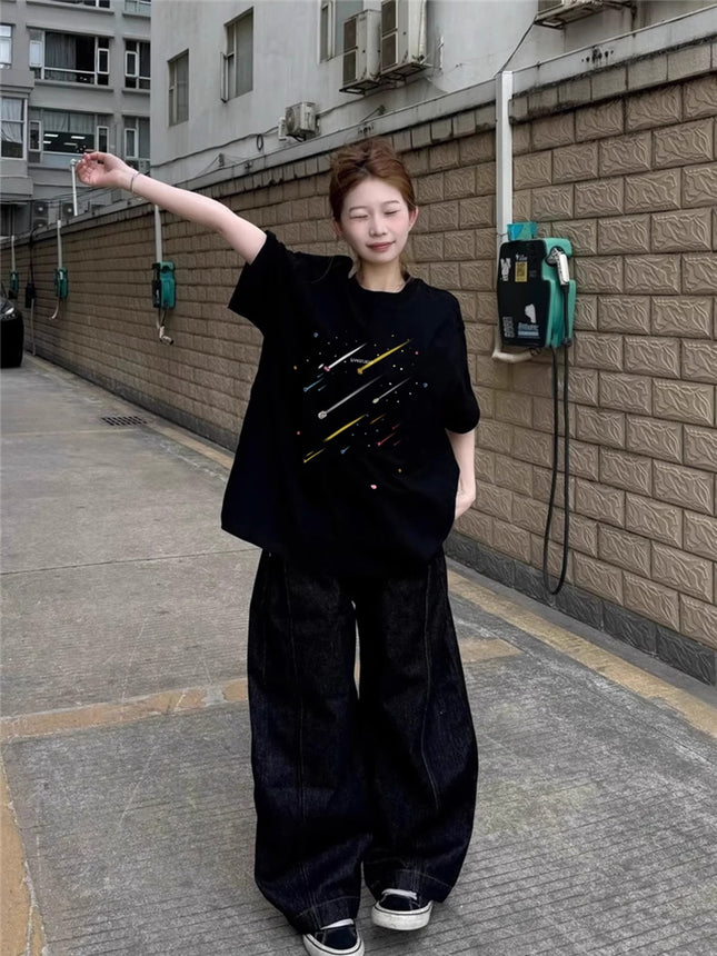 Black Pure Cotton Short-Sleeved T-Shirt for Women, Summer 2026 Style, Student Loose Oversize Half-Sleeve American Style Top, Trendy