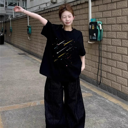 Black Pure Cotton Short-Sleeved T-Shirt for Women, Summer 2026 Style, Student Loose Oversize Half-Sleeve American Style Top, Trendy