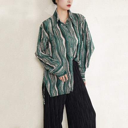 French Retro Green Long-sleeved Shirt Women's 2025 Pleated New Design Sense Shirt Niche No-bump Top