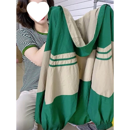 Contrast Color Splicing Hooded Sun Protection Clothing Women's Short 2025 Summer New Loose Long-Sleeved Sun Protection Clothing Thin Jacket
