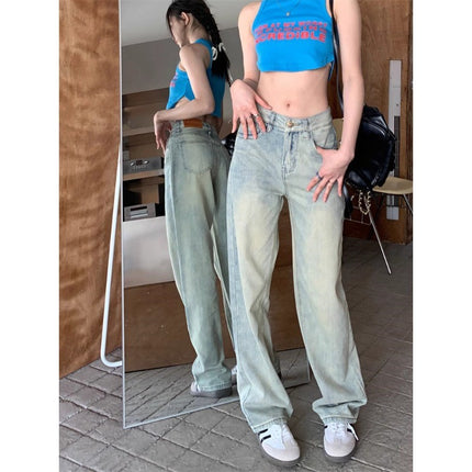 Mud Yellow Straight Leg Jeans Women's Trendy All-match High Waist Slimming Loose Flesh Covering Old Design Sense Wide Leg Pants