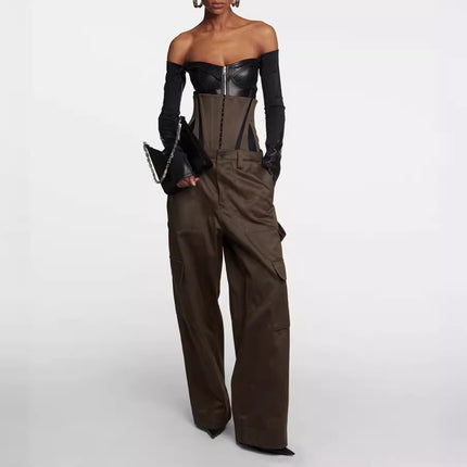 Handsome Neutral Style Fishbone Stitching Slim-Fit Detachable Waist Seal Army Green Loose Wide-Leg Workwear Trousers for Women