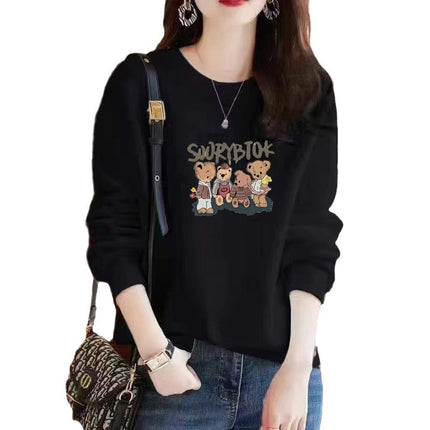 Autumn and Winter All-match Cotton Crewneck Sweater New Casual Printed Cartoon fleece-lined Thickened Base Top for Men and Women