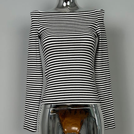 South Korea Dongdaemun New Products Classic Every Year ~ Sexy Shoulder Striped Tight Long Sleeve T-shirt se