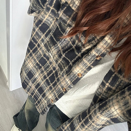 2025 Autumn and Winter Brushed Plaid Shirt Jacket Women's Loose Casual Flesh-Covering Lazy Style Mid-Length Shirt Cardigan