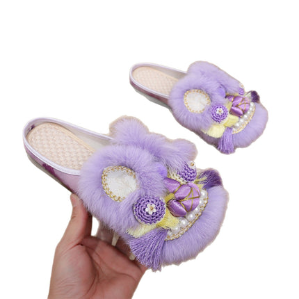Tiger Head Shoes Women's Adult Spring and Summer Soft Sole Home Outfit Retro Purple Baotou Half Slippers Intangible Handmade Embroidered Shoes