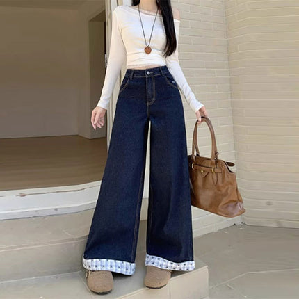American-Style Dark Blue Denim Wide-Leg Pants, New Cropped Plaid Patchwork Design, Petite Slimming Straight-Leg Floor-Length Pants