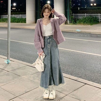 Autumn French Knitted Sweater Coat Denim Fishtail Skirt Two-piece Set Salt Style Gentle Style Elegant Wear a Complete Set