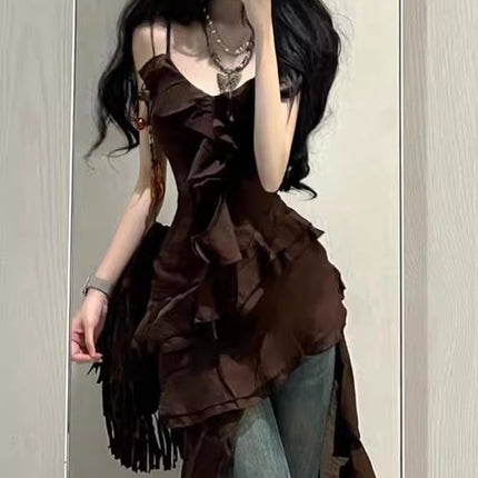 French Irregular Tea Break Sexy Side Suspender Dress for Women Summer Small Lotus Leaf Design Seaside Vacation Long Dress
