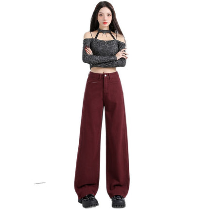 American Ankara Red Narrow Straight-Leg Jeans for Women, Autumn New Loose Slimming Versatile Floor-Length Wide-Leg Pants
