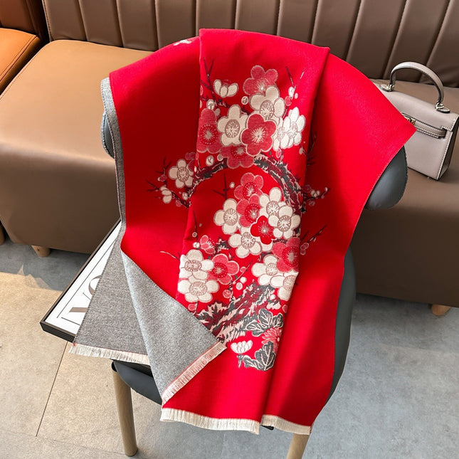 Women Plum Blossom Scarf Imitation Cashmere Jacquard Shawl Winter Warm Gift 180x65cm 4 Colors / Écharpe Châle Femme Fleur Prunier Imitation Cachemire Jacquard Hiver Chaud Cadeau 180x65cm 4 Couleurs