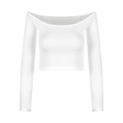 One-Shoulder White Long-Sleeved Slim T-Shirt for Women in Autum Sexy Sexy Tight Elastic Slimming Look Short Crop Top