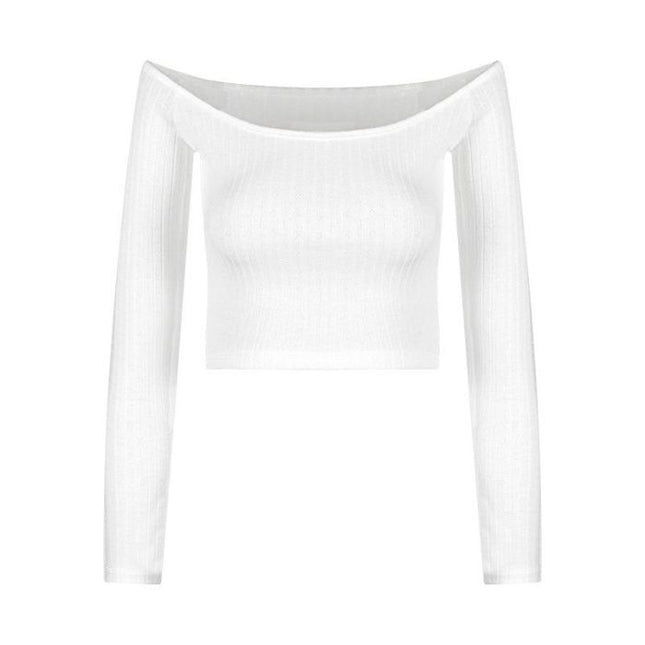One-Shoulder White Long-Sleeved Slim T-Shirt for Women in Autum Sexy Sexy Tight Elastic Slimming Look Short Crop Top