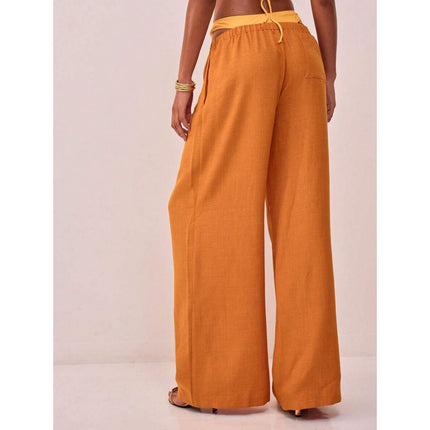 Cross-Border Bottoms Linen Texture Lace-Up Waist Pants Vacation Style Summer Bohemian Style Elegant