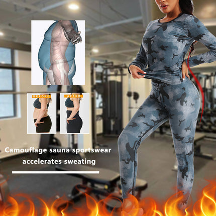 High Waist Abdominal Sweating Pants Abdominal Sweating Sports Fitness Sweating Long Sleeve Sweating Sweating Clothing Camouflage Women's Sports suit