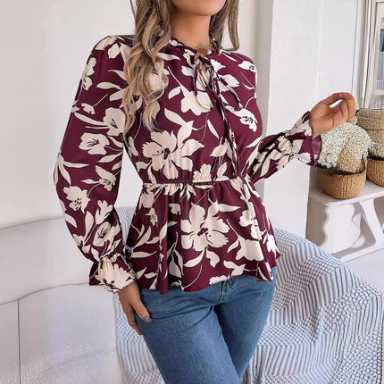 Real Shot of the 2026 Spring/Summer New Casual Floral Lace-Up Long-Sleeve Chiffon Blouse Amazon Cross-Border Women's Clothing