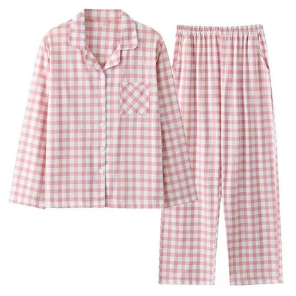 Long-Sleeved Cotton Japanese Pajamas Women's Suit Cotton Plaid Couple Long-Sleeved Home Clothes Men's Summer Thin Suit