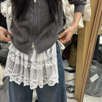 White Mesh Lace Fart Curtain Women's Hem Stacked Wear with Hip Covering Atmosphere Sense Slimming High Waist Lace Skirt
