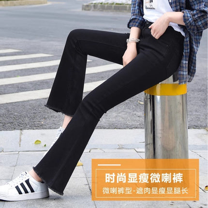 Black Flared Jeans for Women, Autumn and Winter Trendy Versatile New Style, Fleece-Lined, High-Waisted, Slim-Fit, Frayed Hem Bell-Bottom Pants
