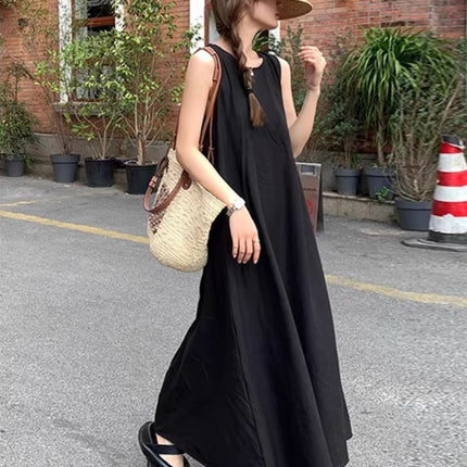 Design Sense Niche Back Hollow Sleeveless dress Women's New Summer Loose Crewneck Mid-length Vest Skirt