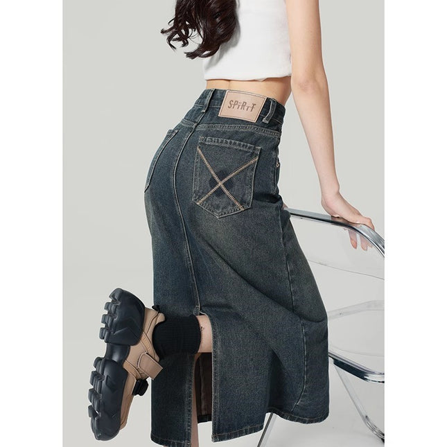 Cement Grey Denim Skirt Women's Trendy All-match New High Waist Slimming Split A- Line Mid-length Hip Skirt