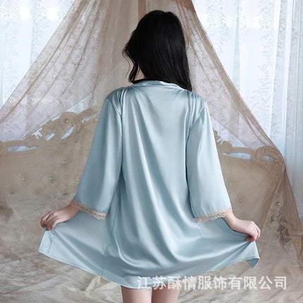 Suqing New Spring and Summer Comfortable Pajamas Backless Sweet Embroidered Lace Sling Nightgown Women's Cardigan Home Clothes suit