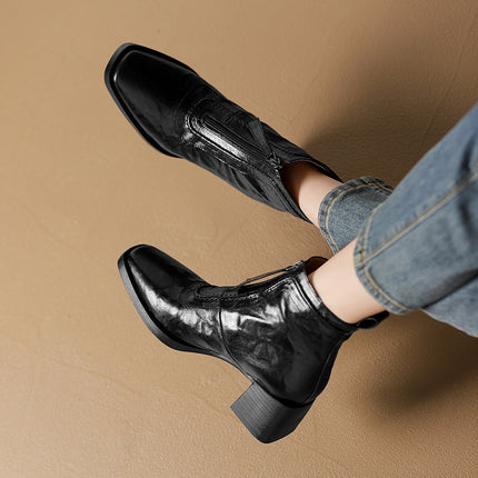 Spring and Autumn Single Boots 2024 Autumn New Women's Boots Thick Heel High Heel Fashion Boots Retro Square Head Front Zipper Ankle Boots