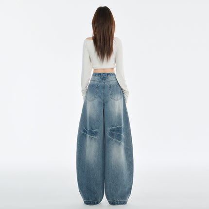 American Scimitar Jeans for Women, Autumn New Design, Retro Loose Slimming Lazy Style Floor-Length Wide-Leg Pants