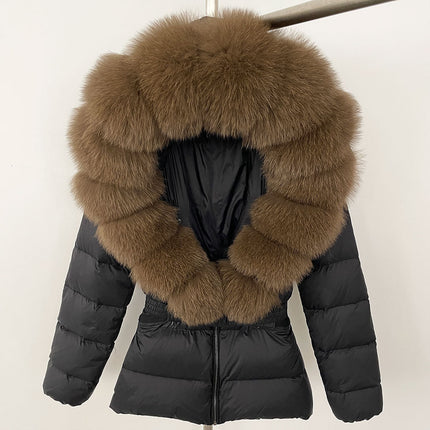 25 New Foreign Trade Hot Style Short Women's Real Fox Fur Collar down Jacket Thickened Slim Waist Fur down Jacket