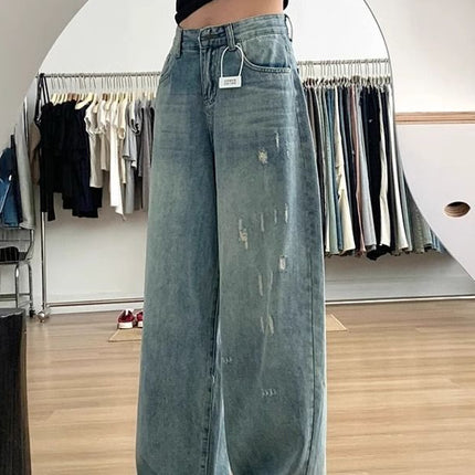 Washed-Out Denim Wide-Leg Pants for Women, High-Waisted, Plus-Size, Hip-Covering, Straight-Cut, Slimming, Floor-Length Trousers