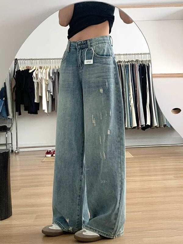Washed-Out Denim Wide-Leg Pants for Women, High-Waisted, Plus-Size, Hip-Covering, Straight-Cut, Slimming, Floor-Length Trousers