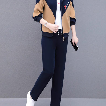 High Cotton Color-Block Two-Piece Fashion Casual Sports Suit for Women, Spring and Autumn, Middle-Aged Mom, Stand Collar Cardigan and Color-Block Sweatpants