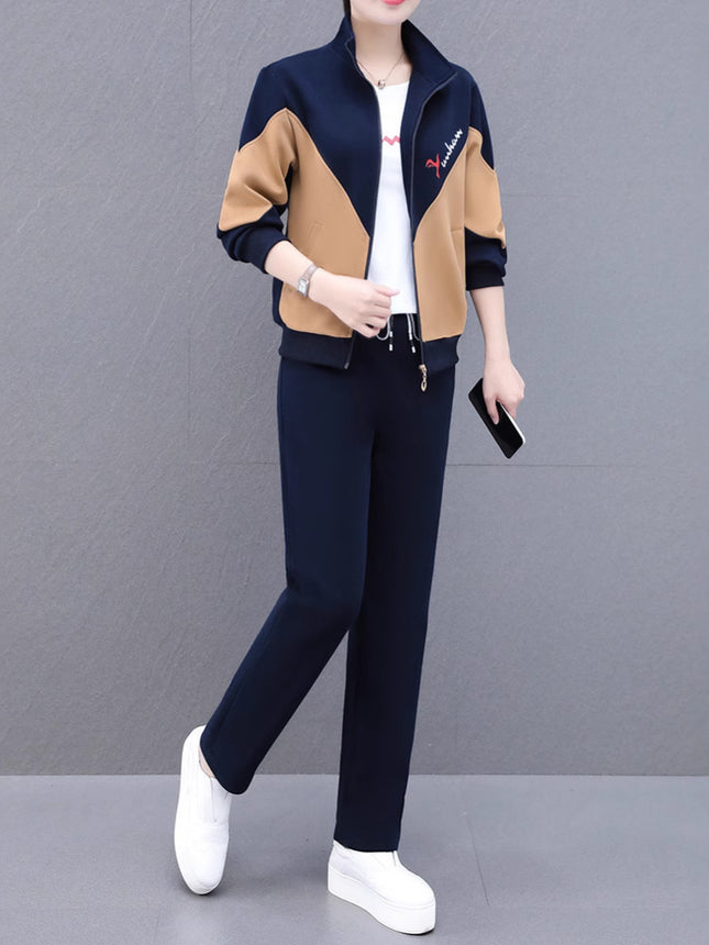 High Cotton Color-Block Two-Piece Fashion Casual Sports Suit for Women, Spring and Autumn, Middle-Aged Mom, Stand Collar Cardigan and Color-Block Sweatpants