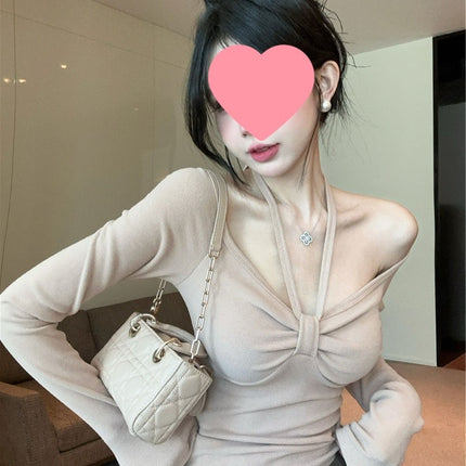 Socialite Style Pure Desire Sexy Halter Neck Long-Sleeve Shirt for Women, Autumn and Winter Base Layer, Slim-Fit Design, Short Top