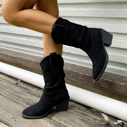 Chunky Heel Retro Brown V-Cut Mid-Calf Boots for Women 2025 Autumn/Winter Pointed Toe Western Cowboy Boots Cross-Border