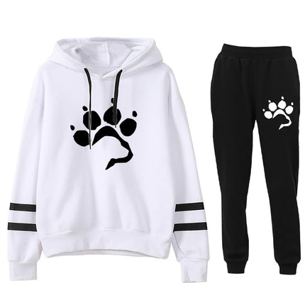 AliExpress Amazon Cross-border Love Dog Foot Print Parallel Bars Striped Print Hooded Sweatshirt suit Ladies