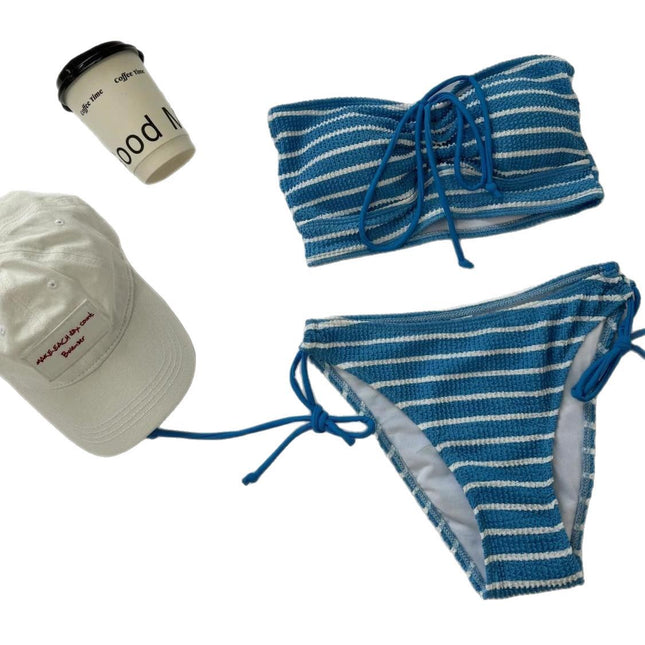 Source Manufacturer Striped Bikini Bandeau Halterneck Split Swimsuit Women's Beach Pants Three-Piece Set Sexy Hot Girl
