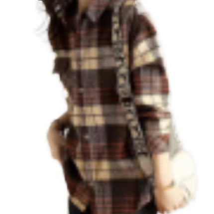 2025 Autumn New Loose Plus Size Women's Clothing Artistic Retro Brushed Wool Plaid Casual Loose Mid-Length Shirt