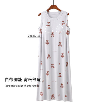 Cartoon Padded Cut-Sleeve Extended Nightgown for Women Summer Thin Printed Can Be Worn Outside Anti-Bump Pajamas Spring