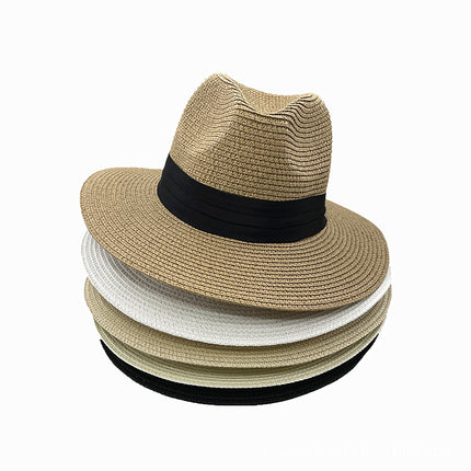 Panama Men's and Women's Straw Top Hat with Three-fold Ribbon Removable Windproof Rope Paper Weaved Straw Sun Hat Sunscreen Big Edge Straw Hat