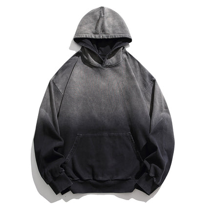Black Fleet Retro Hoodie, Washed Gradient Dyed Pure Cotton Loose Pullover Couple Style Sweatshirt, Casual and Versatile