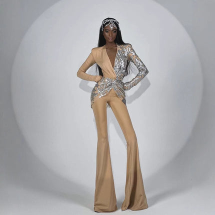 Independent Station Explosions Deep V Stitching Sequins Long Sleeve Slim Fit Bell Pants Pants Sexy Slim Party Evening Dress