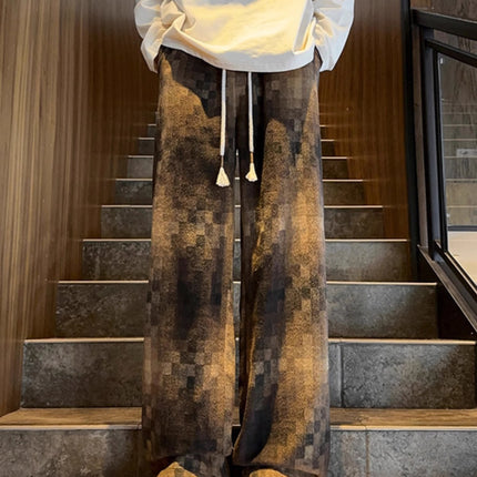 plus size American Retro Pixel Plaid Pants Men's Autumn and Winter Fashion Brand High Street Niche Design Loose Casual Pants