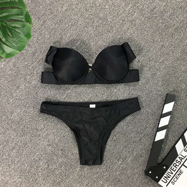 2024 European and American Cross-border Backless Bikini Solid Color Black Hard Shell Bag Split Swimsuit Women Swimsuit Bikini