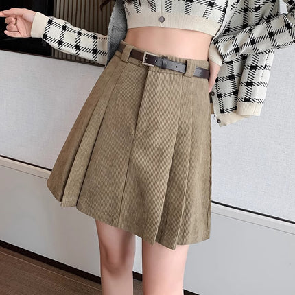 High Waist A- Line Corduroy Short Skirt Women's Autumn and Winter brown Anti-Light Pleated Skirt Skirt plus size Niche Age-Reducing Skirt