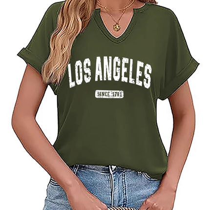Amazon Spring and Summer New Product V-Neck Rolled Sleeves Los Angeles Letter Positioning Printed Pullover Short Sleeves