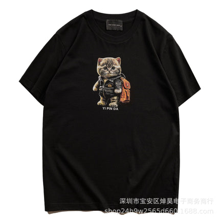Kangli High-Quality Spray-Printed Cute Cat Trendy Men's Personalized Short-Sleeved Long-Staple Cotton High Street Loose Couple T-Shirt