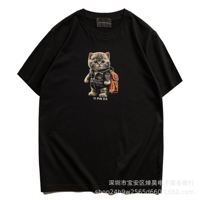 Kangli High-Quality Spray-Printed Cute Cat Trendy Men's Personalized Short-Sleeved Long-Staple Cotton High Street Loose Couple T-Shirt