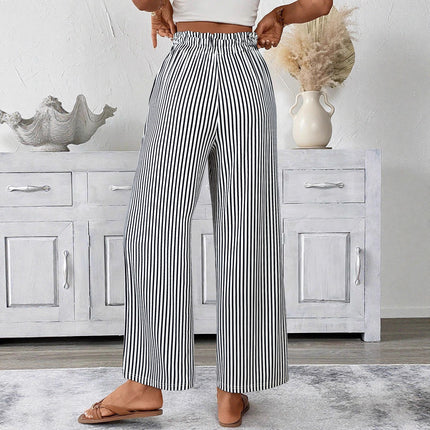 Trendy Striped Casual Pants for Women Versatile Brushed Wide-Leg Pants Casual Pocket Drawstring Long Pants European and American Cross-Border Women's Clothing