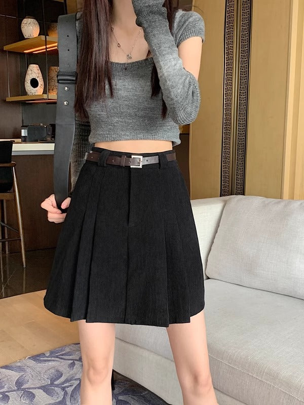 High Waist A- Line Corduroy Short Skirt Women's Autumn and Winter brown Anti-Light Pleated Skirt Skirt plus size Niche Age-Reducing Skirt
